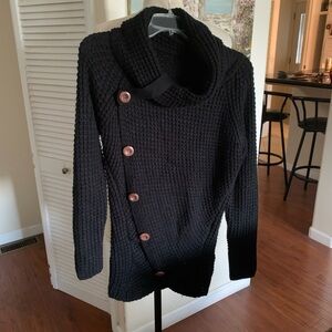 Black asymmetrical button design Women's cowl neck . Buttons are not functional